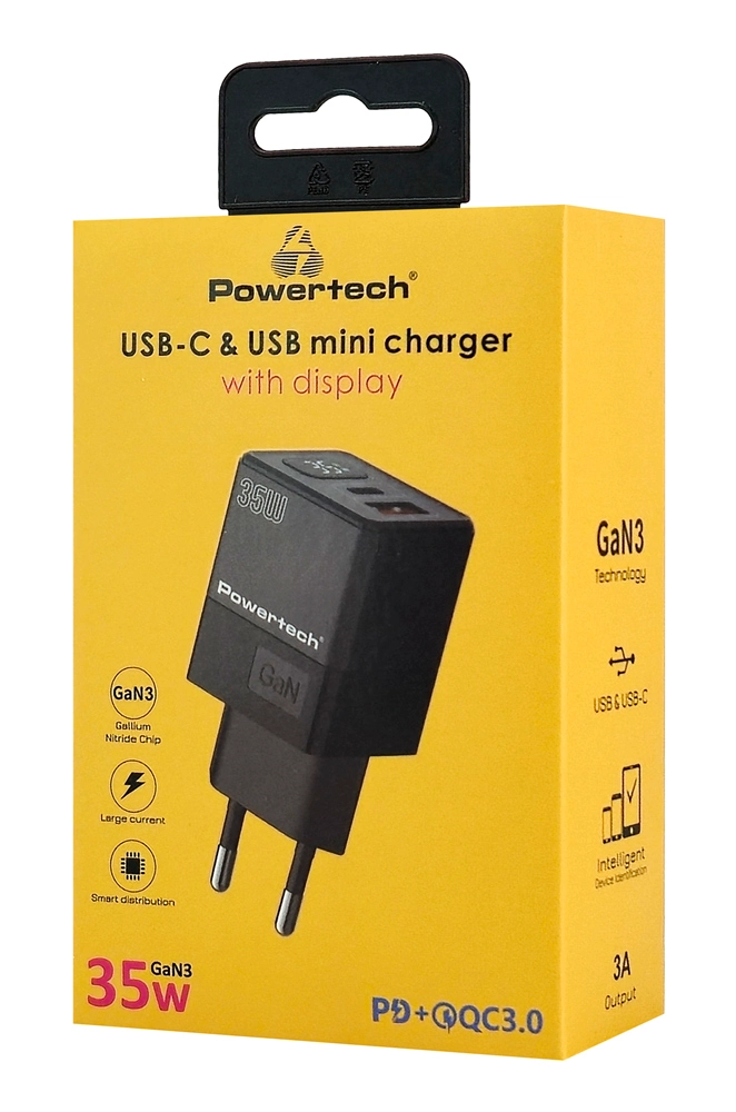 POWERTECH φορτιστής τοίχου PT-1499 με οθόνη, USB/USB-C, 35W, GaN, μαύρος - Image 3