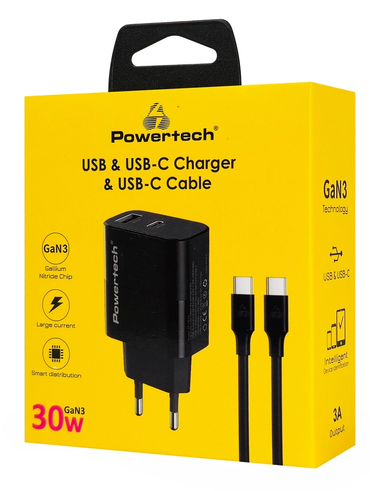 POWERTECH φορτιστής τοίχου PT-1638 με καλώδιο, USB/USB-C, 30W, GaN, μαύρος - Image 2