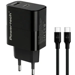 POWERTECH φορτιστής τοίχου PT-1638 με καλώδιο, USB/USB-C, 30W, GaN, μαύρος