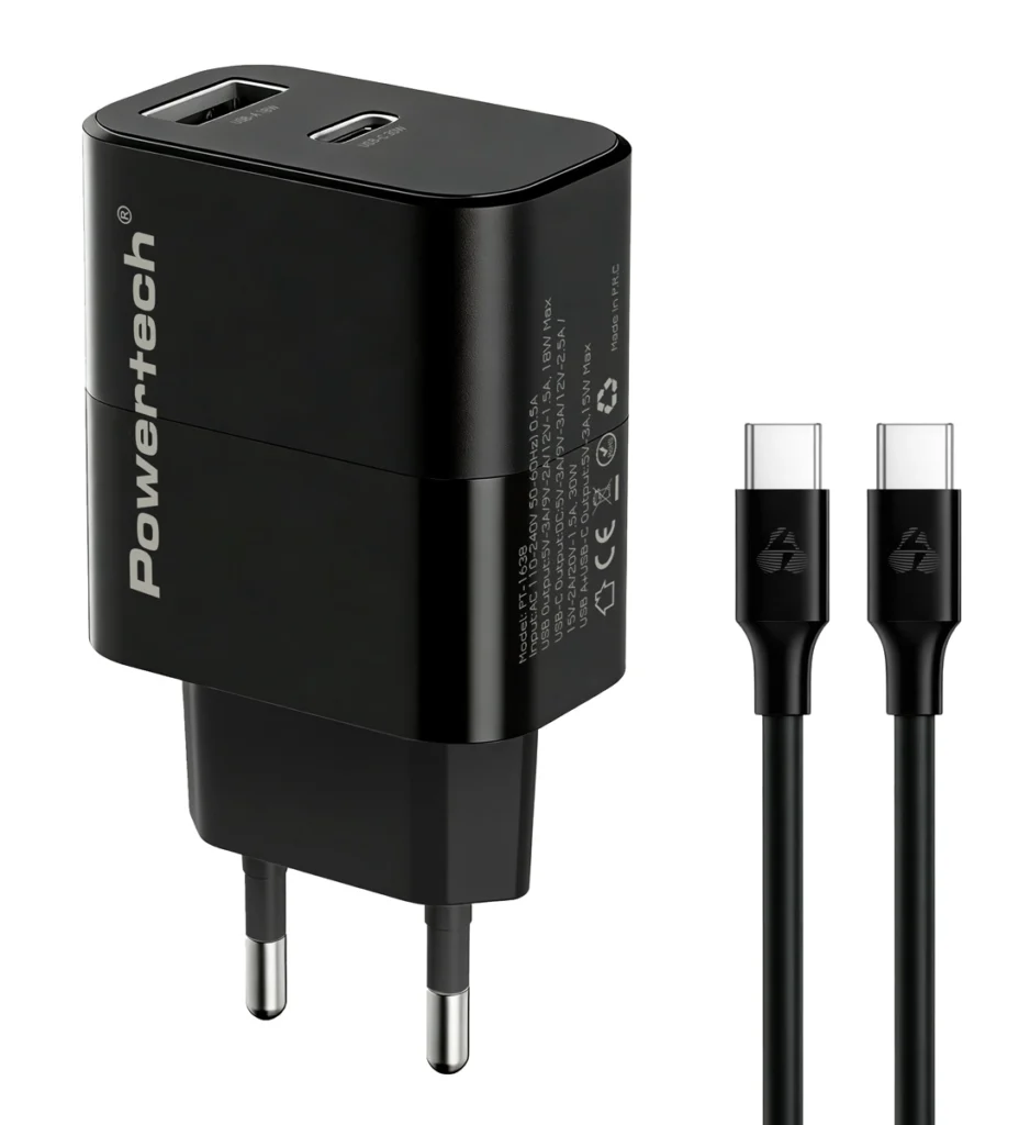 POWERTECH φορτιστής τοίχου PT-1638 με καλώδιο, USB/USB-C, 30W, GaN, μαύρος