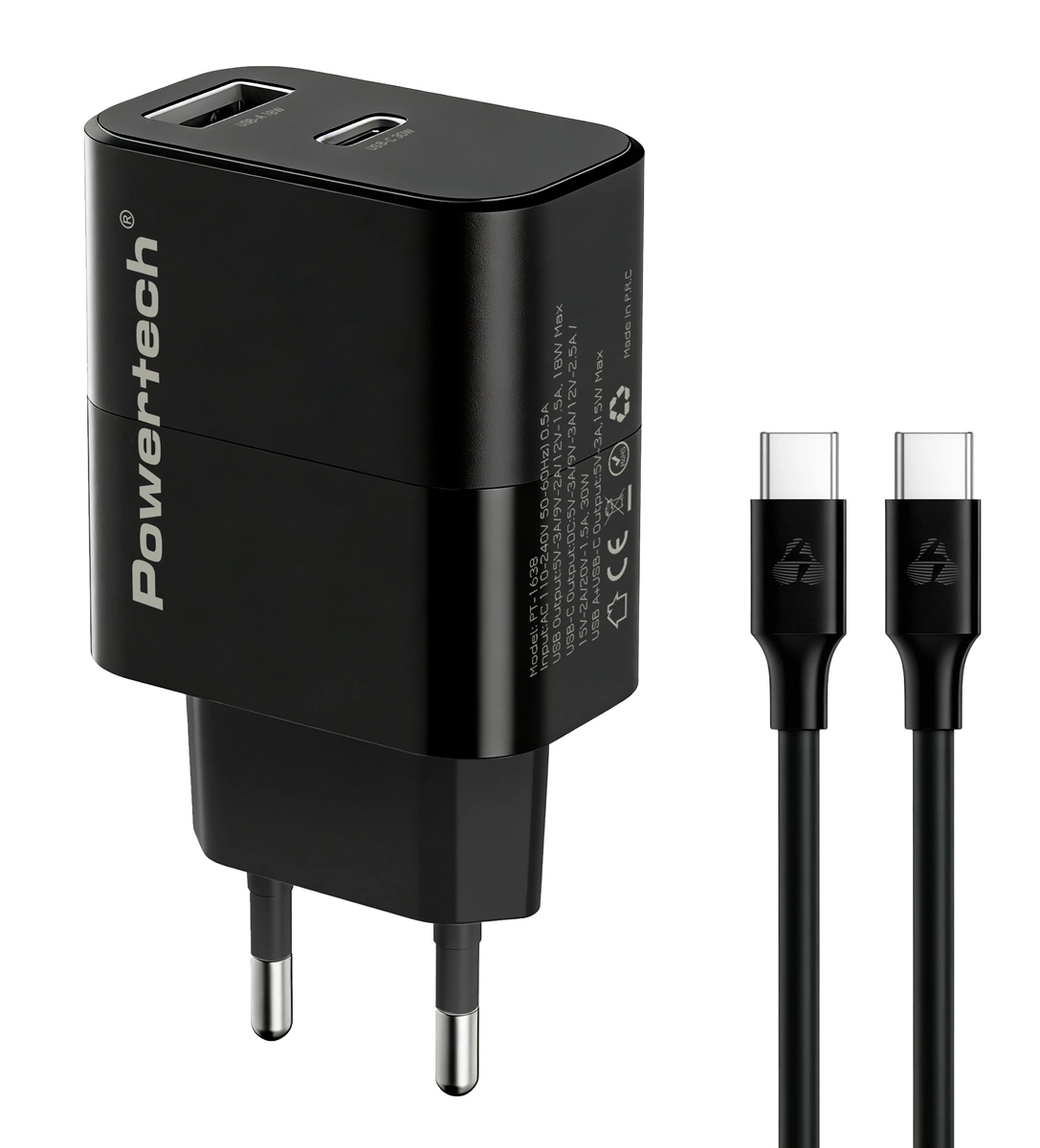 POWERTECH φορτιστής τοίχου PT-1638 με καλώδιο, USB/USB-C, 30W, GaN, μαύρος